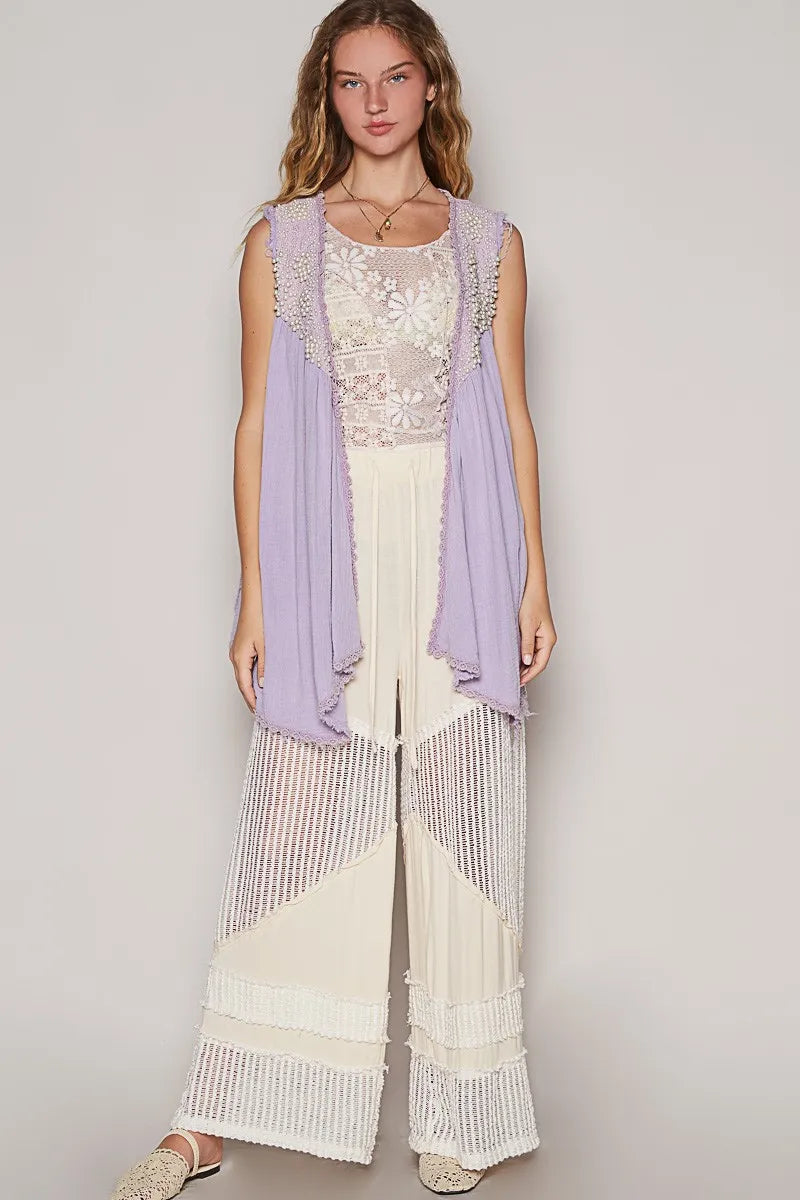 POL Embroidered Pearls Open Front Sleeveless Cardigan 3e7d755d-be0b-444b-b28f-5aa4367c174d-Max