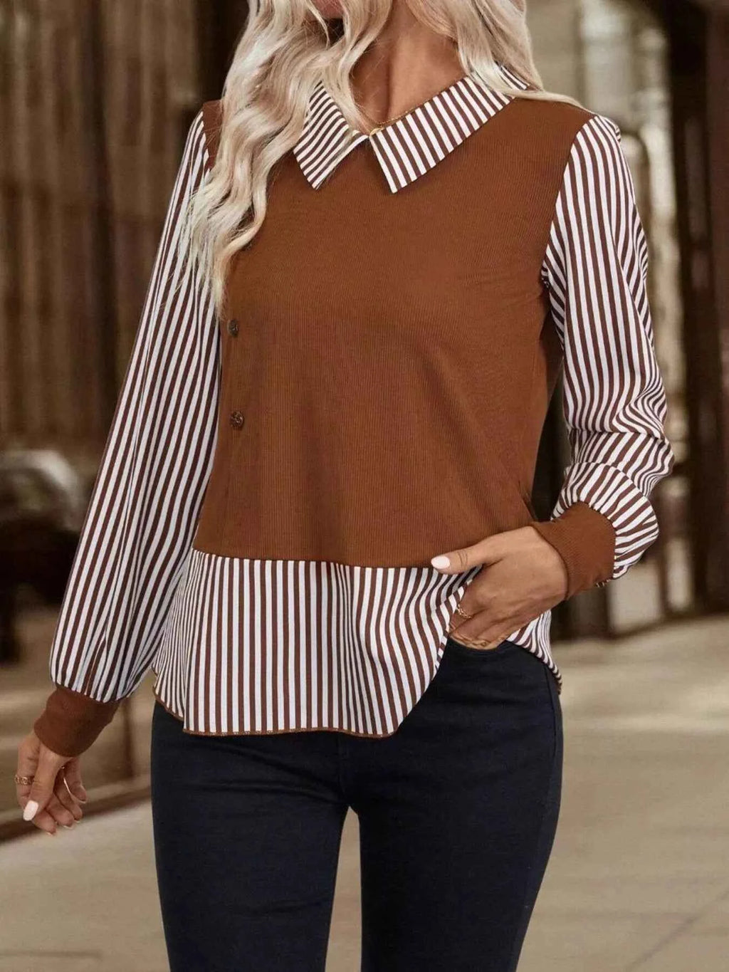 Striped Long Sleeve Blouse 3e7df2de7dae47deaf7d76d3cf39cf1e-Max-Origin