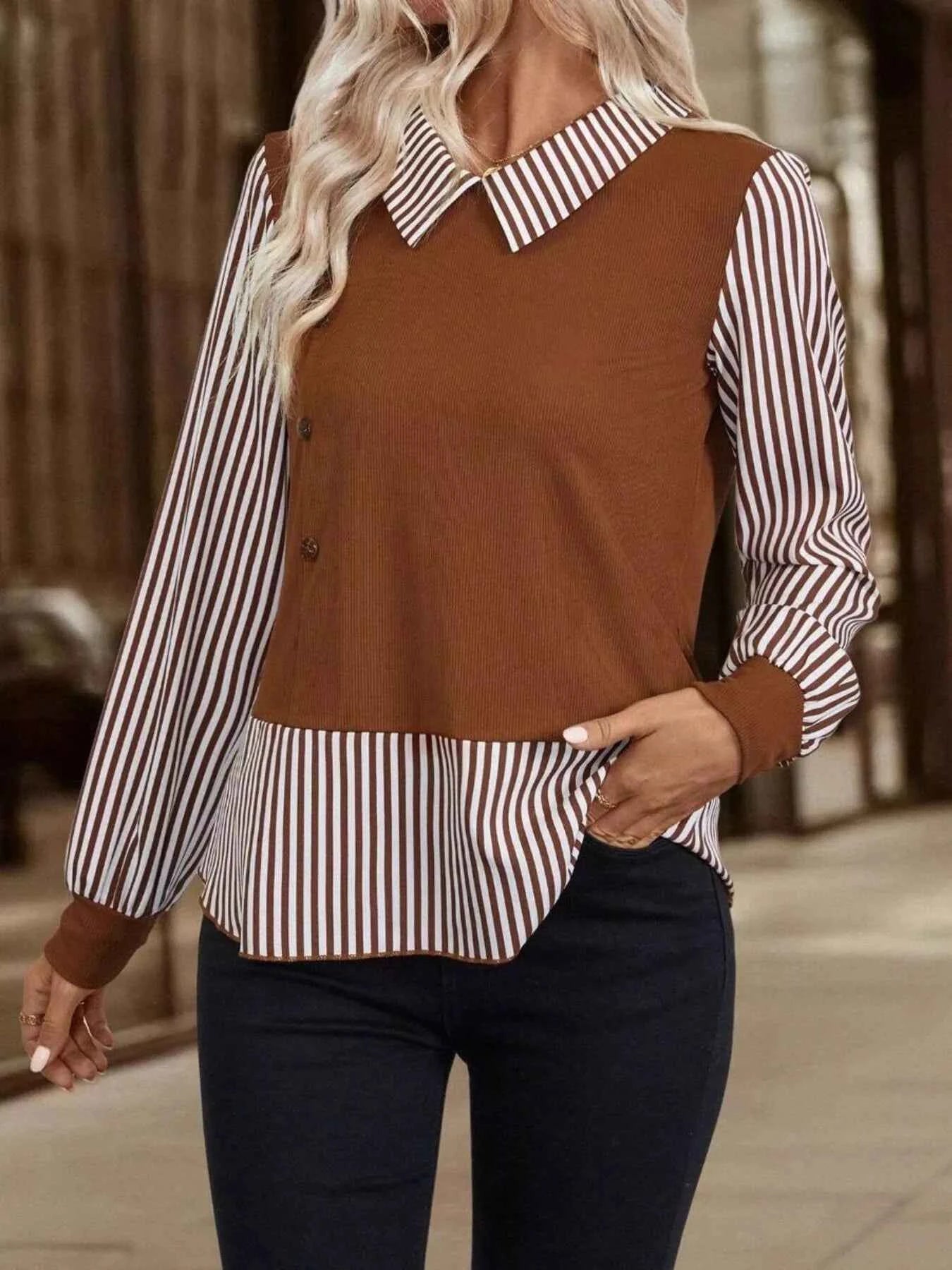 Striped Long Sleeve Blouse 3e7df2de7dae47deaf7d76d3cf39cf1e-Max-Origin