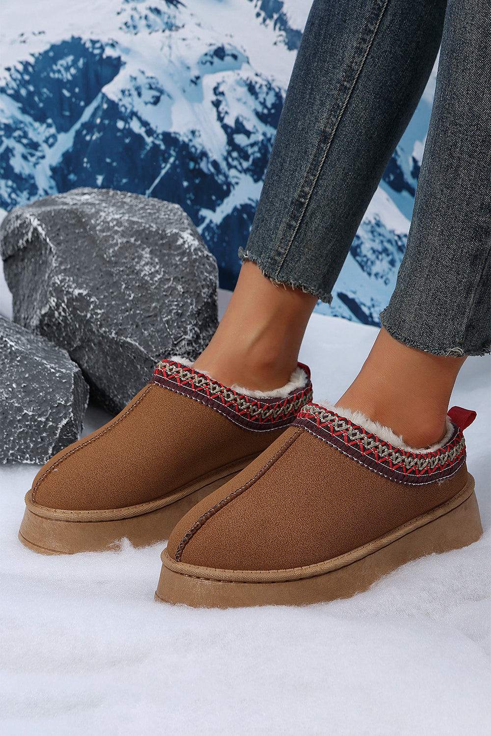 Chestnut Suede Contrast Print Round Toe Plush Lined Flats 3e81a394c1a3ba6a