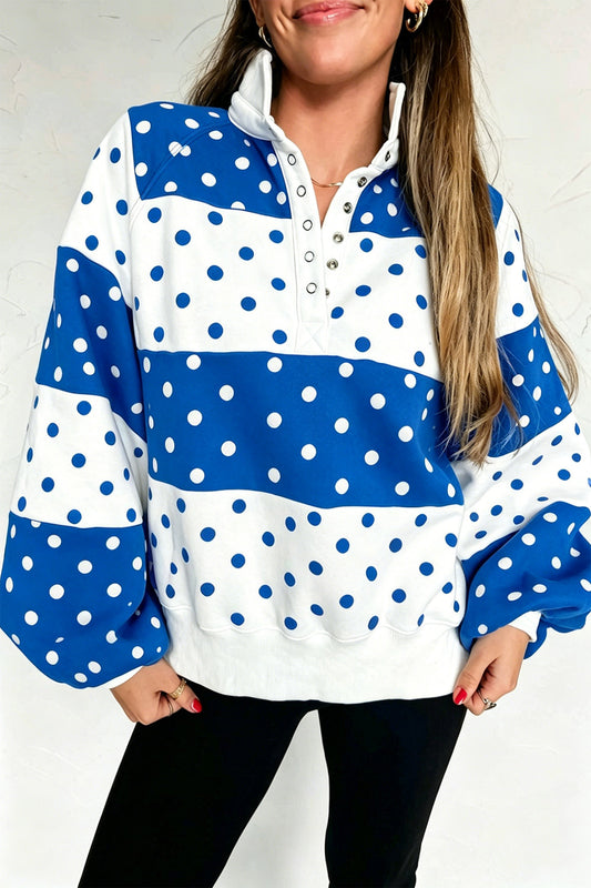 Green ka Dot Colorblock Half Zip Puff Sleeve Pullover Sweatshirt Blue 100%Polyester 3e821a161e264678