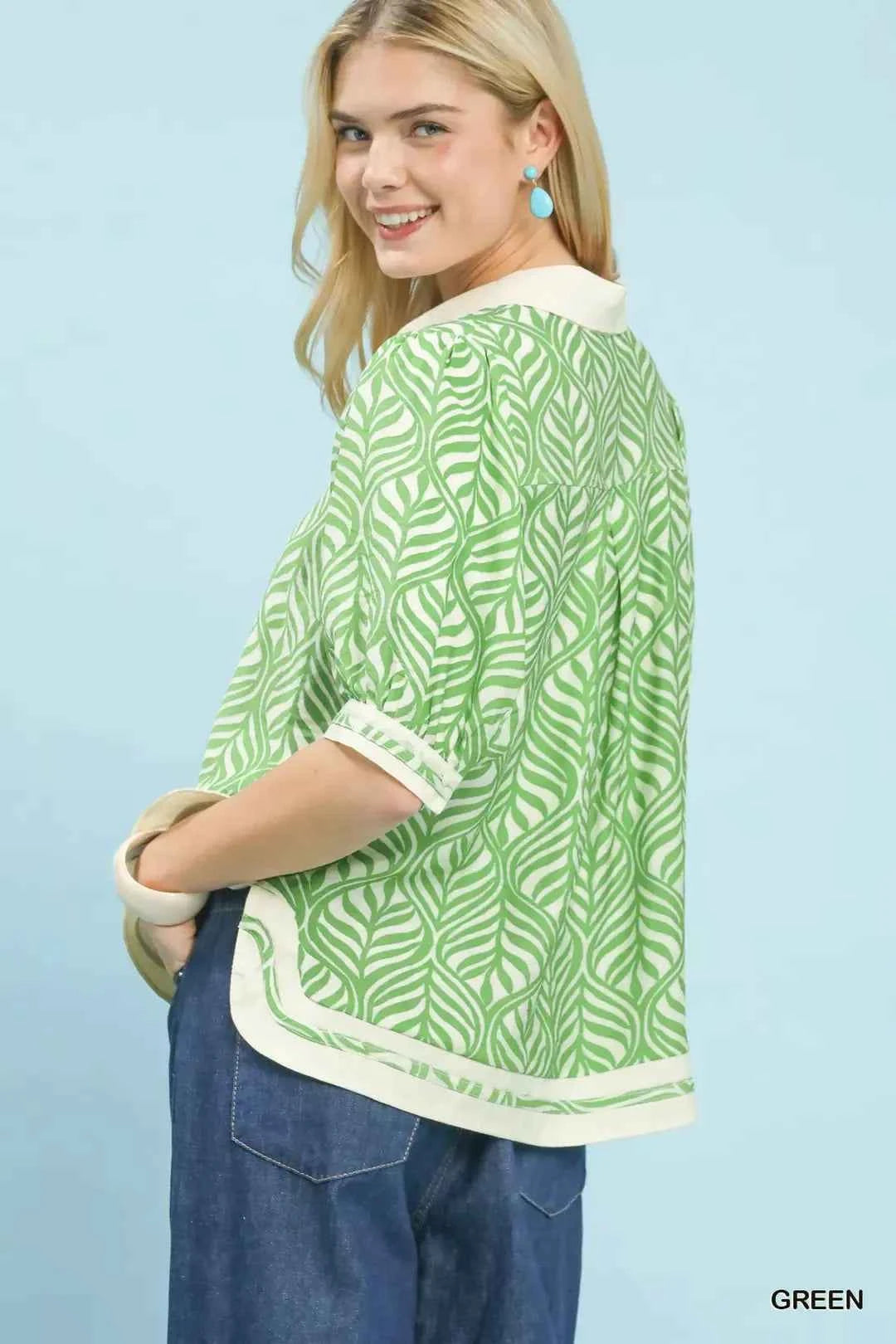 Umgee Geometric Leaf Print Popover Top 3e879f4e-956e-4585-a5ad-164329594470-Max-Origin