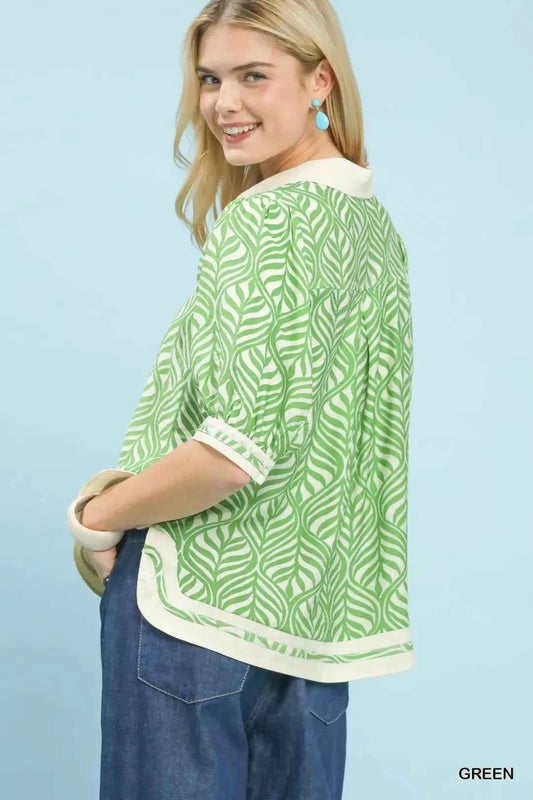 Geometric Leaf Print Popover Top 3e879f4e-956e-4585-a5ad-164329594470-Max-Origin