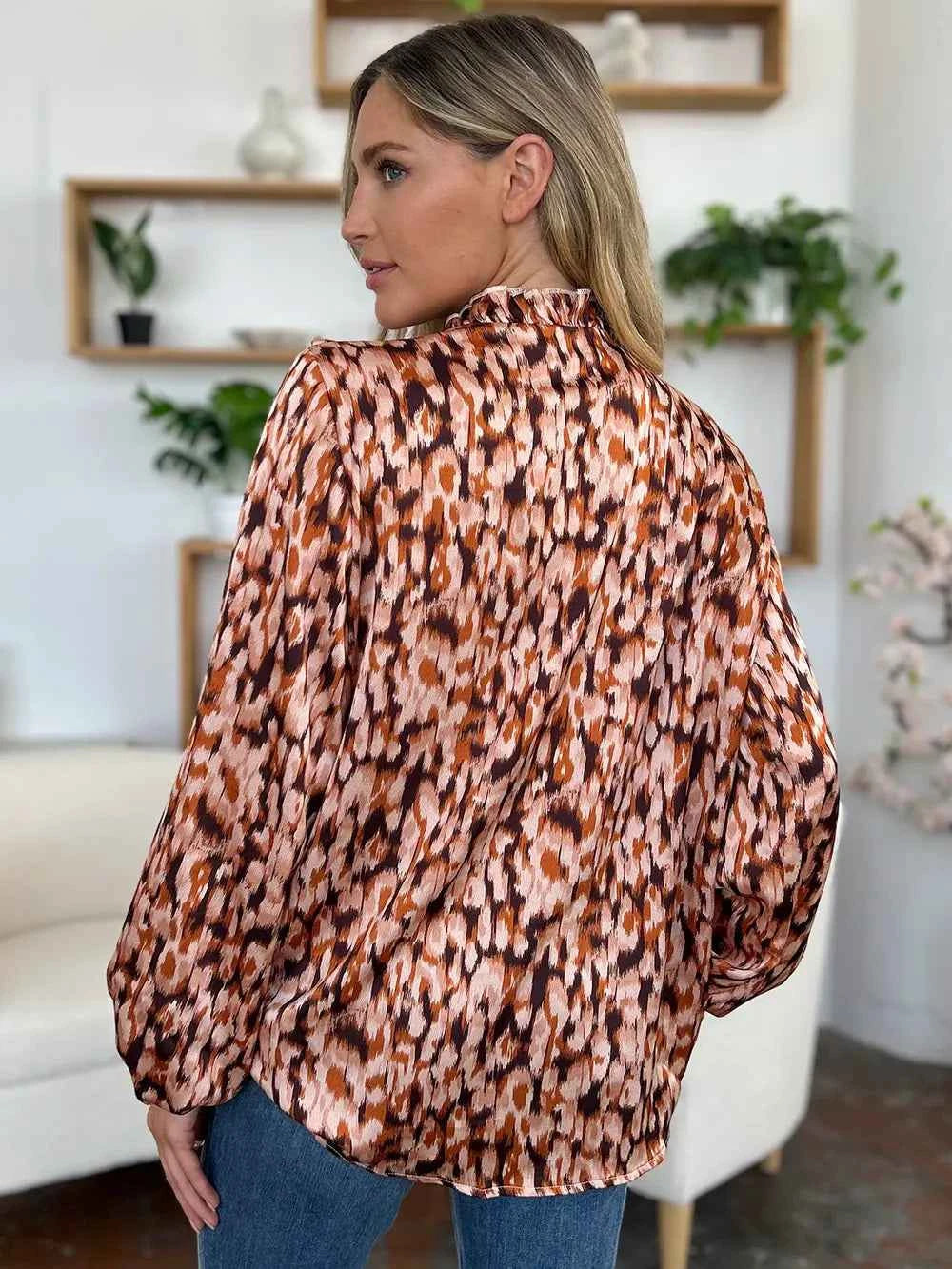 Double Take Full Size Printed Ruffle Trim Balloon Sleeve Shirt 3e8b18cc-d2eb-447e-8df8-36d7aad92b30-Max