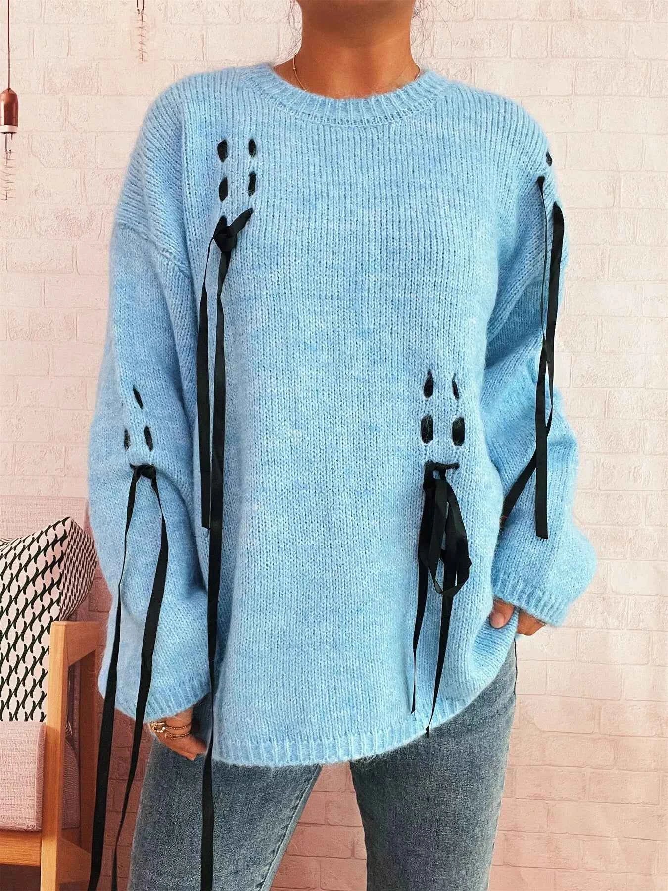 Round Neck Long Sleeve Sweater with Ribbon Details 3e92d6d7c97f4ff1add7fc63228a59d1-Max-Origin