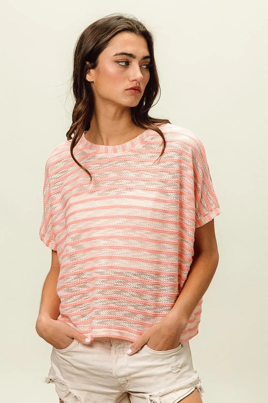 Braid Striped Short Sleeve Round Neck T-Shirt 3e95b769-78df-4fac-861b-3c4e58ad442d-Max