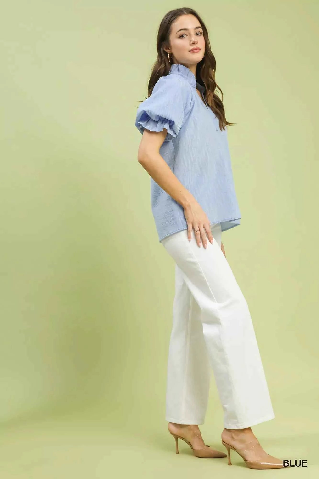 Umgee Textured Puff Sleeve Split Neck Top 3e974ed7-09c0-48c3-b18a-e7ea70ad19bd-Max-Origin