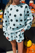 Sky Blue Polka Dot Print Drop Shoulder Pullover Drawstring Shorts Set 3e9a1e4510f18487