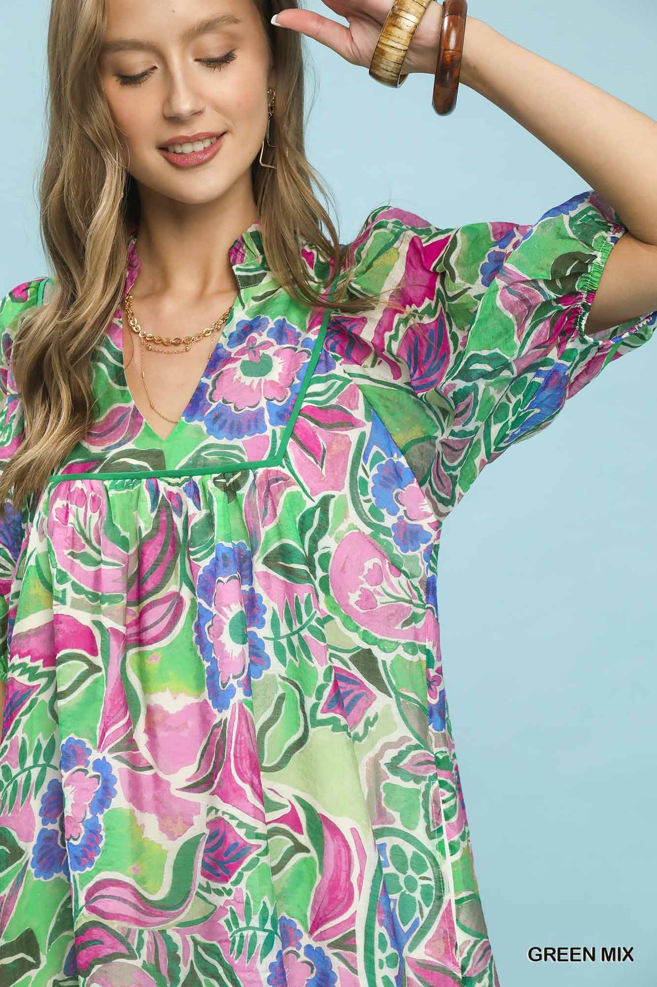 Umgee Abstract Print V-Neck Baby Doll Dress 3e9ef24f-709b-466d-b0a6-5cf8099b91f4-Max