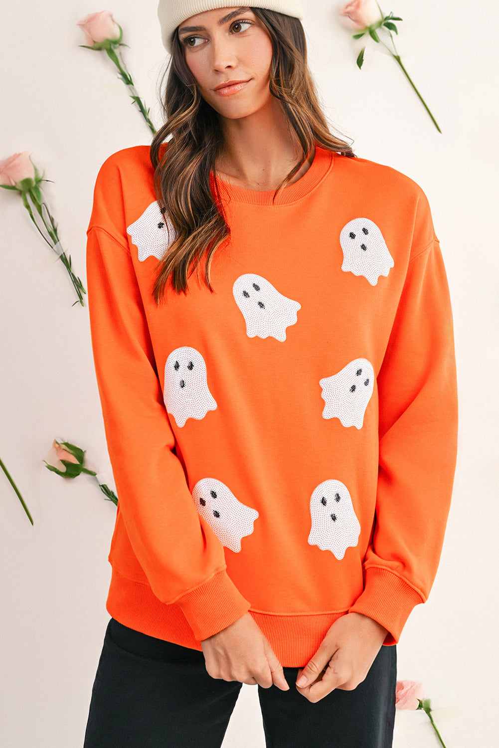 Black Halloween Ghost Sequins Patch Drop Shoulder Sweatshirt 3e9fcf9e9b51442d