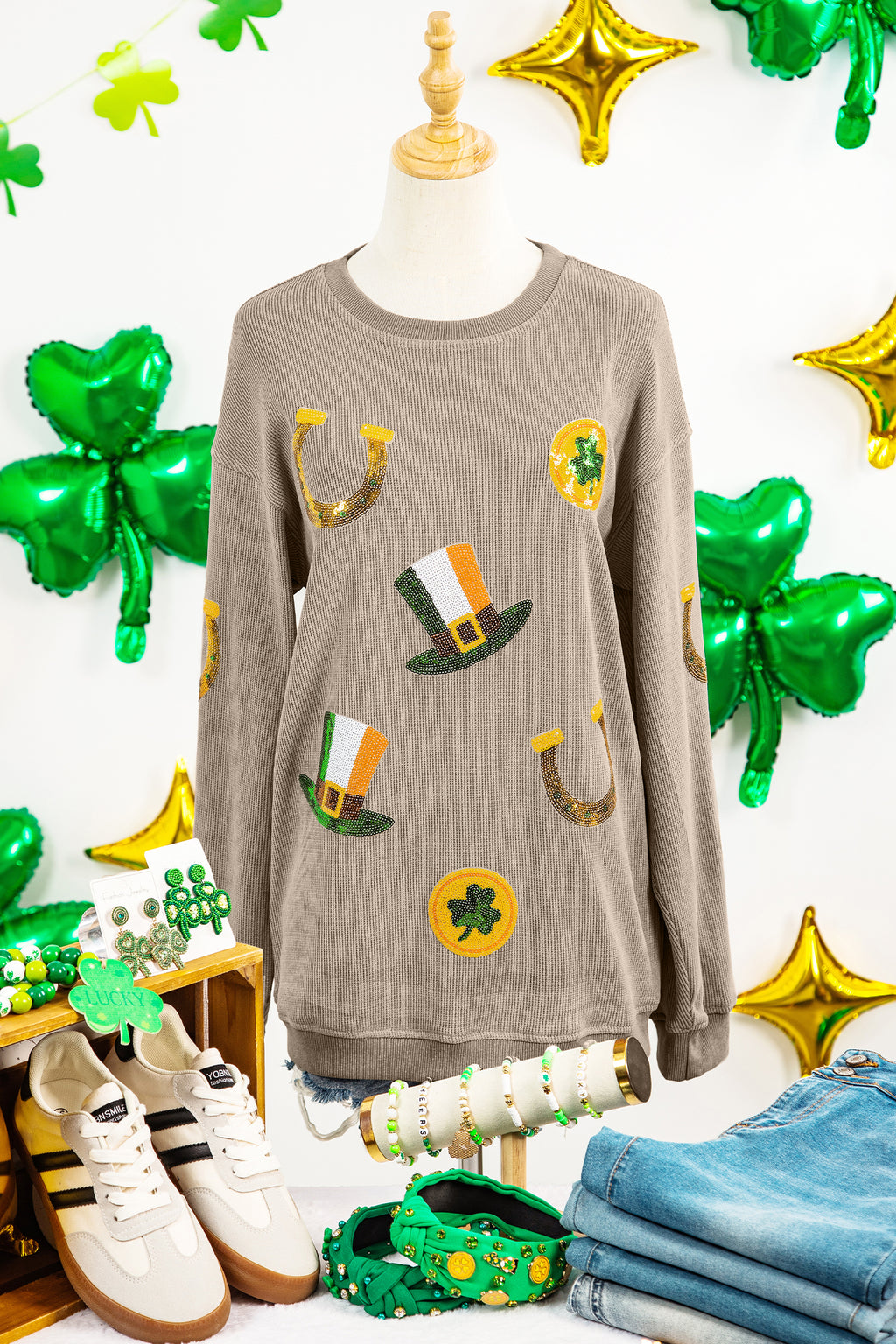 Khaki Sequin Horseshoe Mardi Gras Graphic Corded Ribbed Baggy Sweatshirt 3ea0c86e8958b611