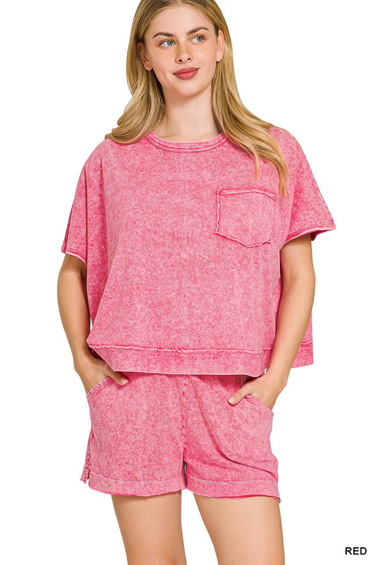 Zenana Halo Snow Washed Boxy Top & Shorts Set RED 3ea22d7e922a4c6a9e8e7313b08ec748-Max