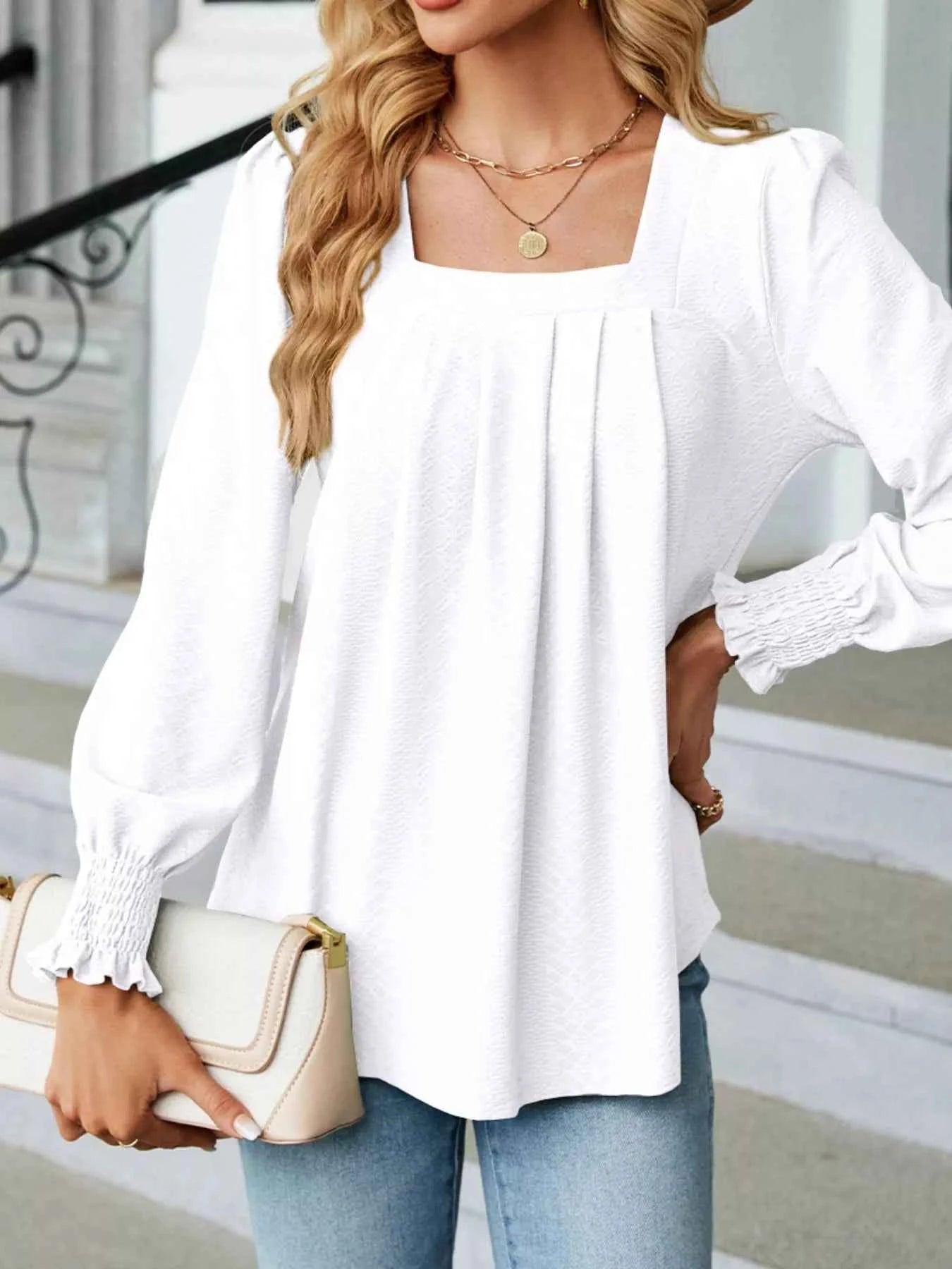 Pleated Square Neck Long Sleeve Top 3ea33d1d-1661-4556-a446-6b5536be2762-Max-Origin