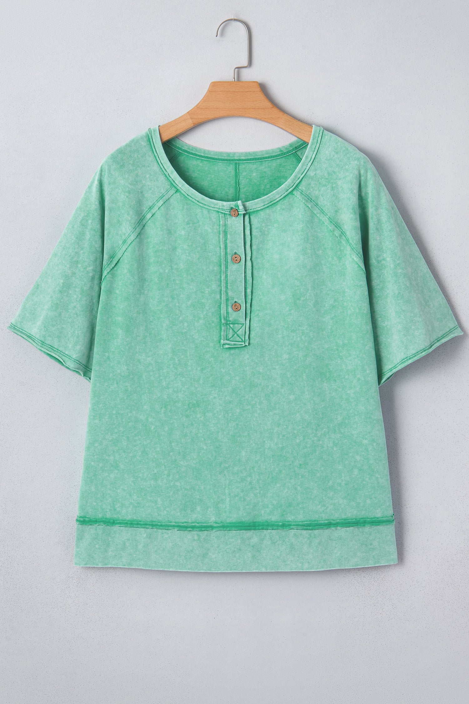 Mint Green Half Buttons Raw Seam Raglan Sleeve Mineral Wash T Shirt 3ea6f14b5577337b
