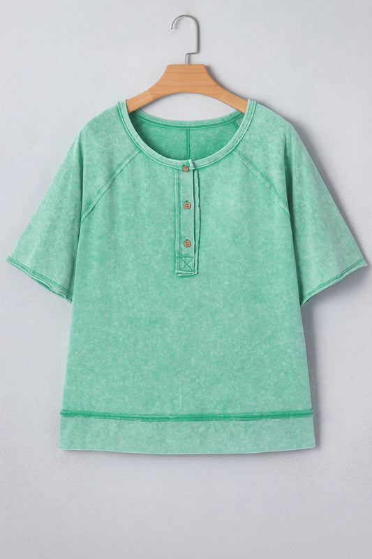 Mint Green Half Buttons Raw Seam Raglan Sleeve Mineral Wash T Shirt 3ea6f14b5577337b