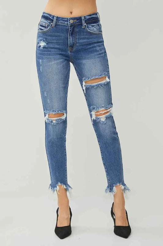 RISEN Distressed Frayed Hem Slim Jeans DARK 3ea84597-17cf-496a-a4d0-9a58b7f7f0e0-Max