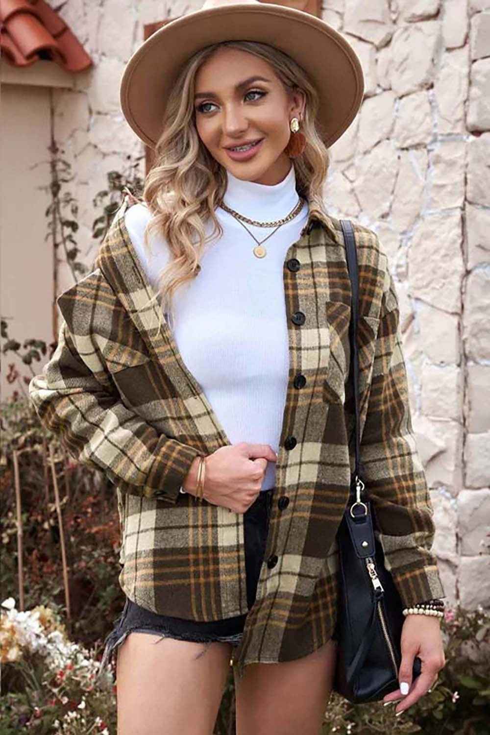 Plaid Collared Neck Button Up Jacket with Pockets 3eabd15557c345ea8c8658b776251bc1-Max