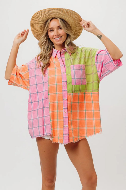 Plaid Collared Neck Half Sleeve Shirt Pink Peach Lime 3eac71de-2e76-4235-8230-84efb19208d9-Max