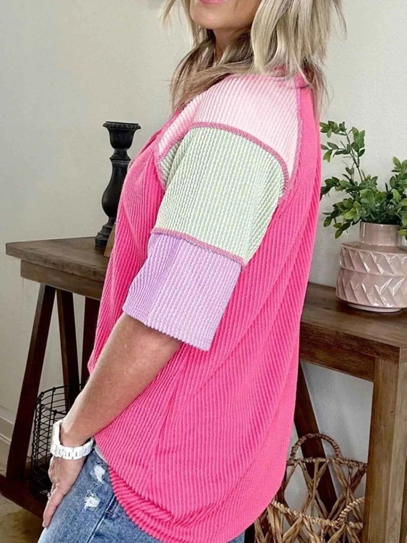 Twisted Ribbed Color Block Patchwork Henley Short Sleeve T Shirt 3eb0906f64f848cf9f66b3c97dac96a3-Max-Origin