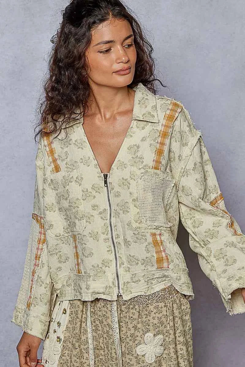 POL Raw Hem Zip Up Floral Jacket with Plaid and Crochet Patch Sage 3eb12890-b902-4952-8907-15e0f5459f55-Max-Origin
