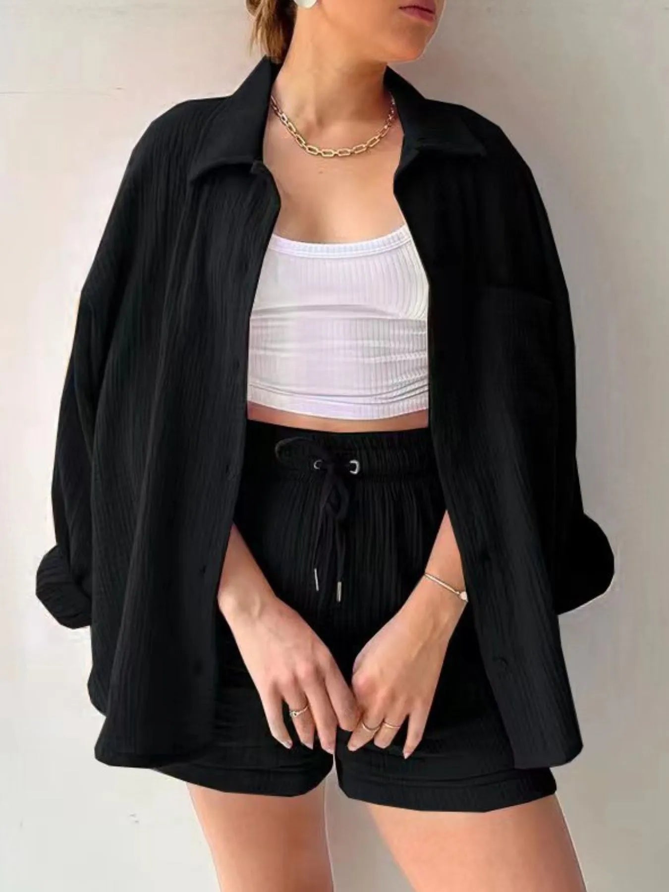 Textured Button Up Shirt and Shorts Set Black 3eb2970a-3e5b-47d7-941b-52c6330cef69-Max-Origin