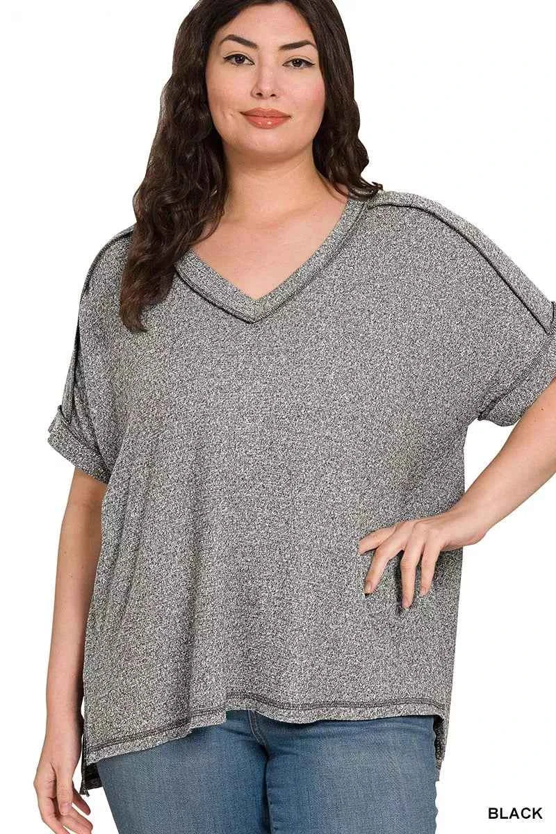 Zenana Full Size Soft Melange Hacci V-Neck Short Sleeve Hi-low Tee Plus Size 3eb3f8e0-008c-482f-89e0-42c24fe52f08-Max-Origin
