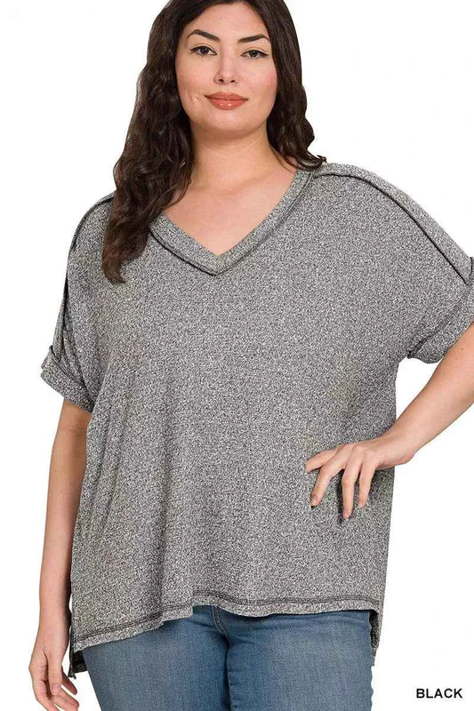 Full Size Soft Melange Hacci V-Neck Short Sleeve Hi-low Tee Plus Size 3eb3f8e0-008c-482f-89e0-42c24fe52f08-Max-Origin