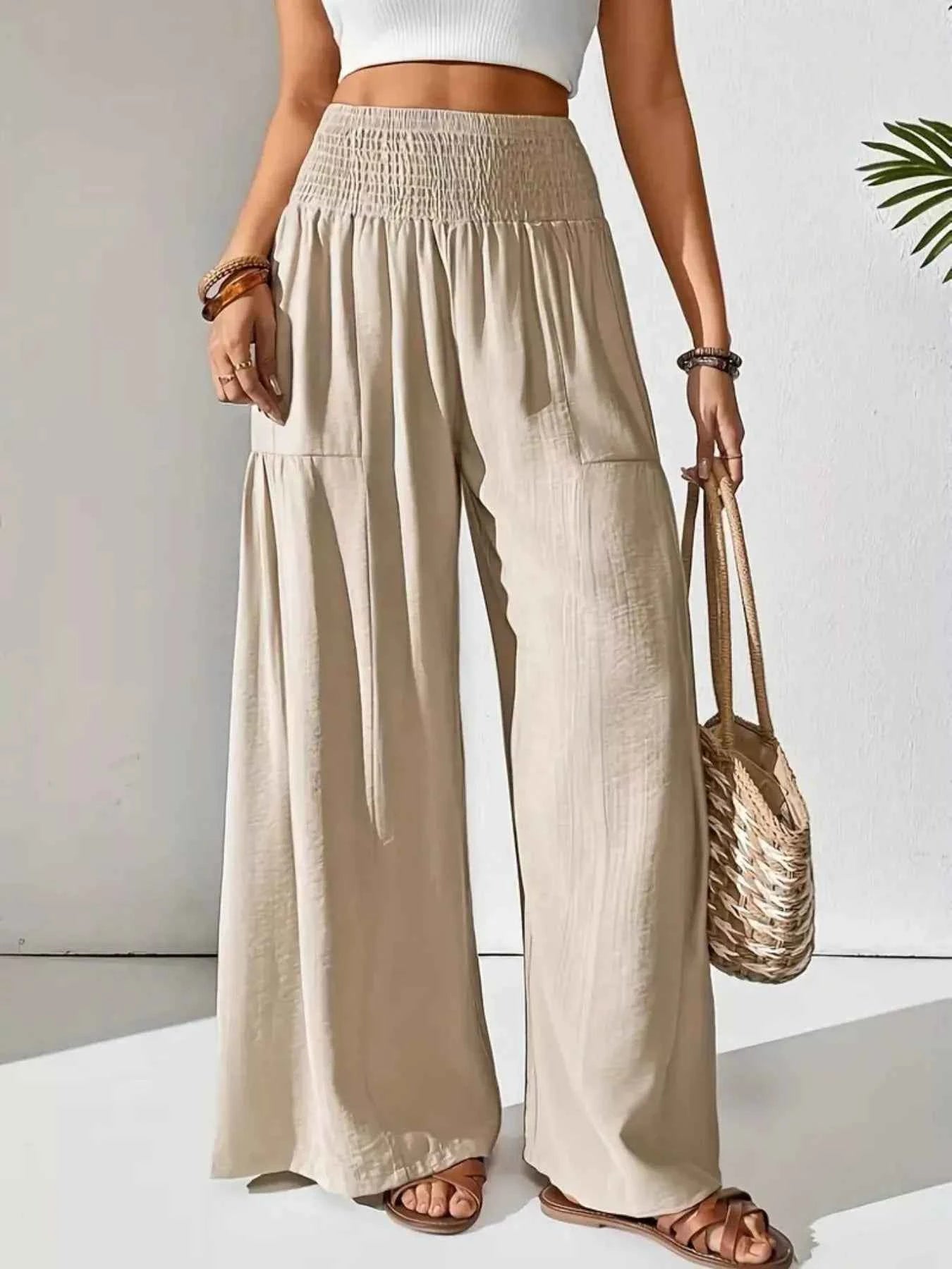 Smocked Waist Wide Leg Pants Tan 3eb9d137-cf45-4b44-8f26-a7779bbfb066-Max-Origin