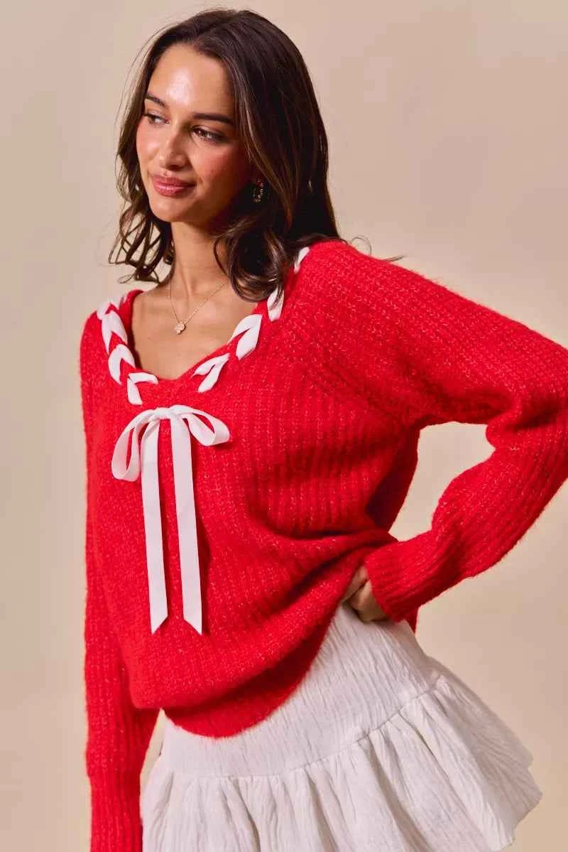 SO ME Satin Tape Braided Ribbon Tie V Neck Sweater 3ebdd781191443599e044554546e5aa0-Max-Origin