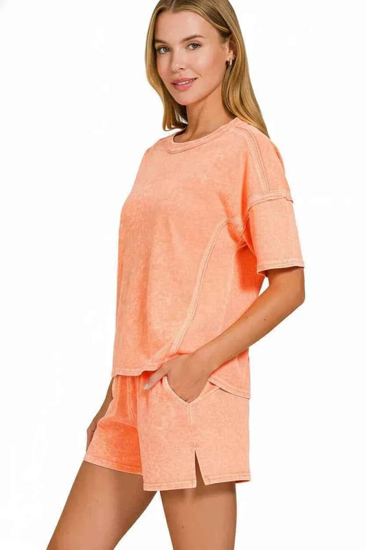 Zenana Halo Snow Washed Short Sleeve Tee and Shorts Set 3ec2c7ac-597e-4131-90cb-ee678536da9c-Max-Origin