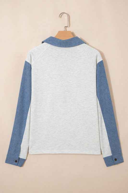 Denim Patchwork Polo Collar Long Sleeve Top 3ec2d4d2-9e98-4b02-bbdd-9292a5218ecf