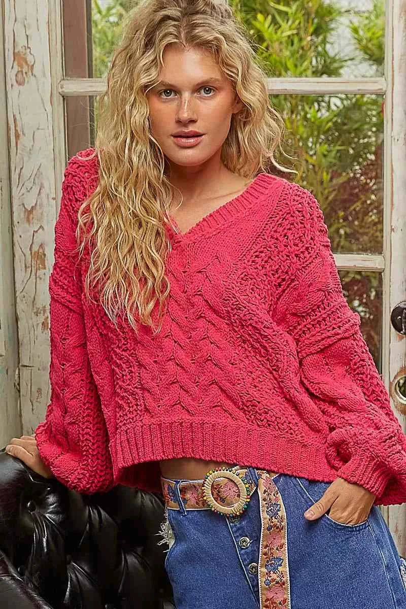 POL Cable-Knit Solid V-Neck Cropped Sweater FUCHSIA 3ec9f94b-d76c-4999-9f0c-8c4b3a5e4d90-Max-Origin