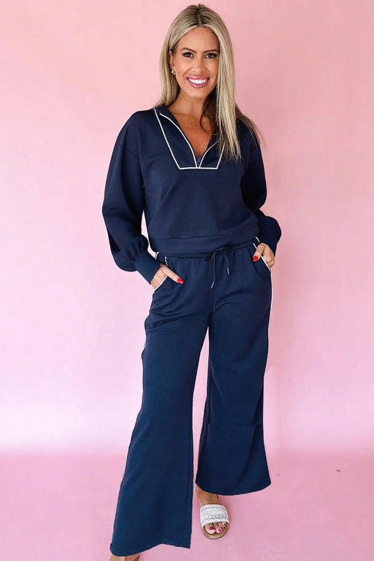 Navy Blue Contrast Piping Zipped Pullover Cropped Pants Set 3ecc00d33afe9636