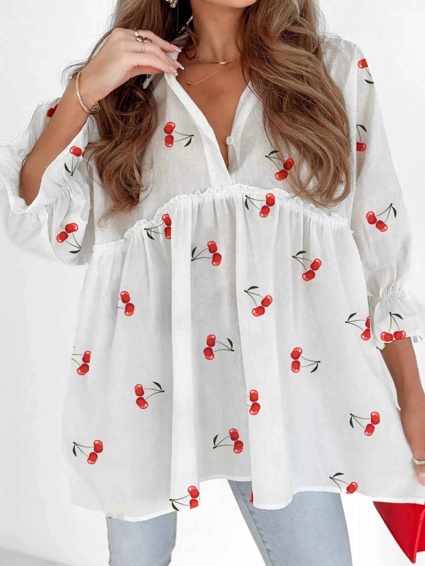 Cherry Print Flounce Sleeve Collared Frilled Babydoll Blouse 3ecde2d8462d4a7caa0749133422f840-Max-Origin