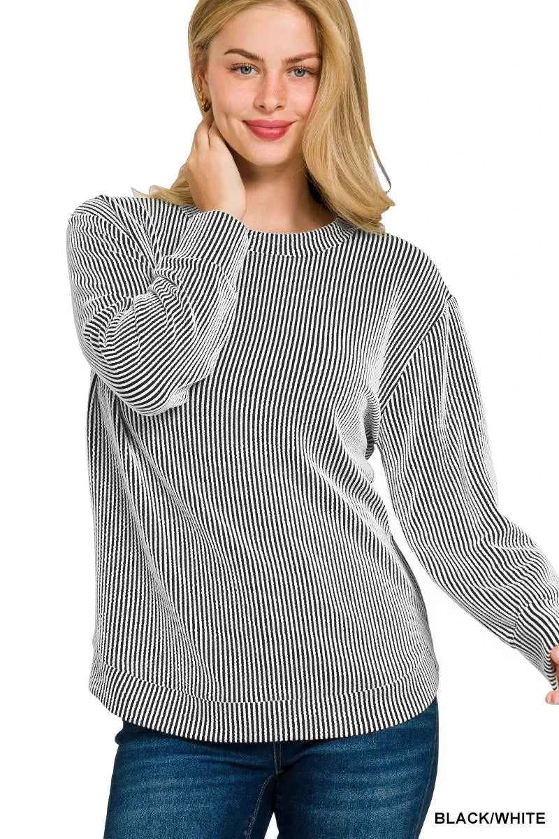 Zenana Full Size Raised Rib Round Neck Long Sleeve Top Plus Size BLACK WHITE 3ecf49d77bf346f689f953c5745da3fa-Max-Origin