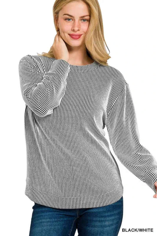 Zenana Full Size Raised Rib Round Neck Long Sleeve Top Plus Size BLACK WHITE 3ecf49d77bf346f689f953c5745da3fa-Max-Origin