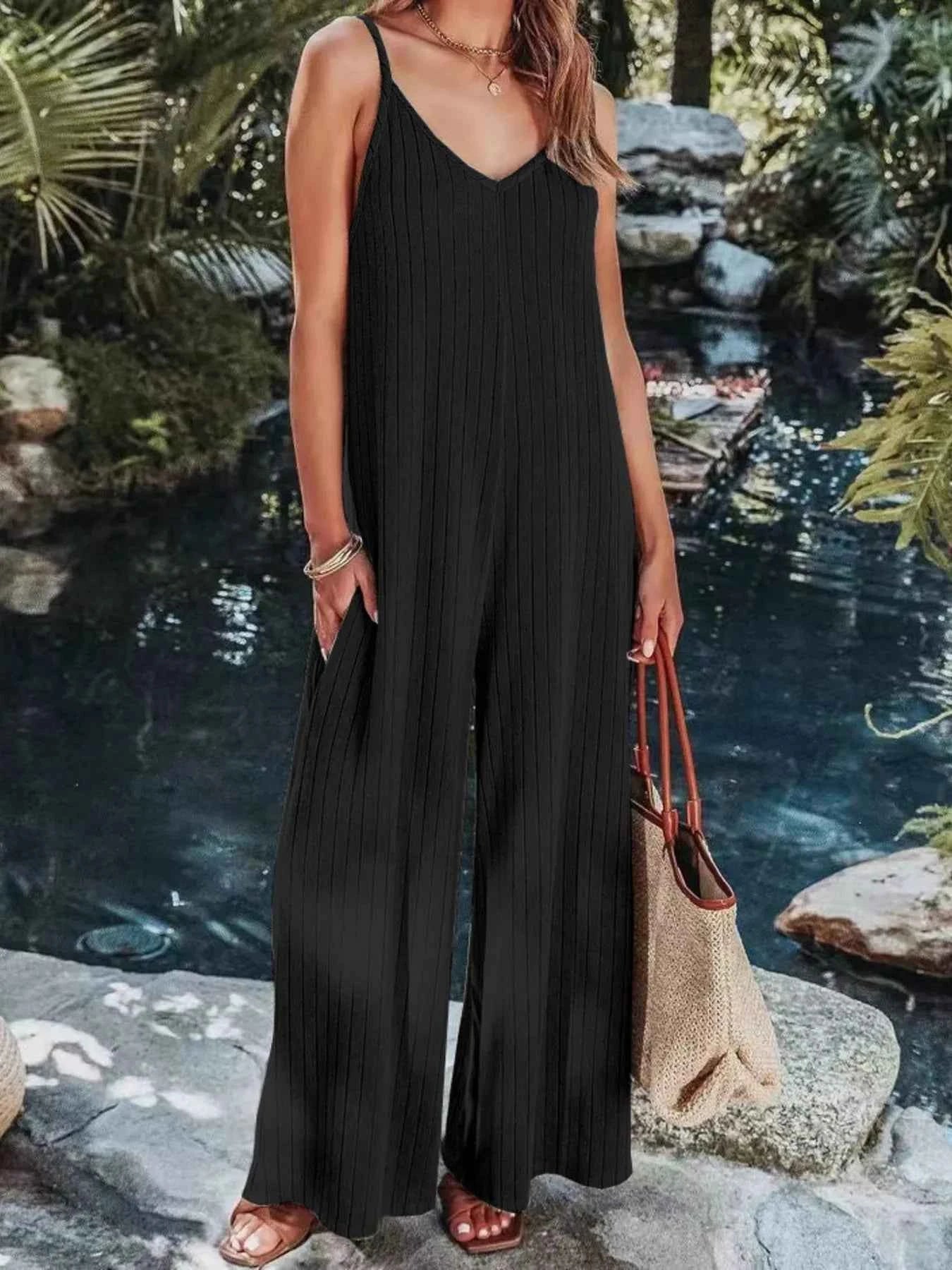 Ribbed V-Neck Wide Leg Jumpsuit Black 3ed107b8a37e4a6e8256524798b83f7b-Max-Origin