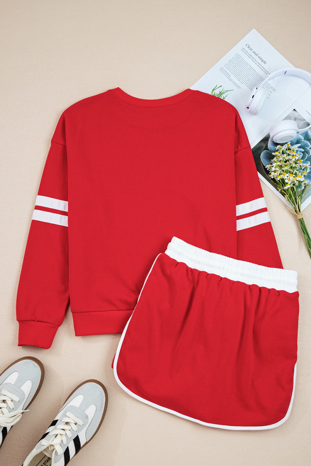 Tillandsia Purple Varsity Stripe Detail Drop Shoulder Pullover Mini Skirt Set 3ed247f71674198d