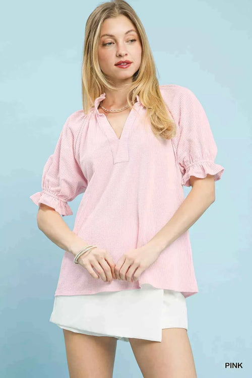Umgee Textured Ruffle Sleeve V-Neck Top PINK 3ed63e49-27c9-4441-aec8-649ab01f6eab-Max-Origin
