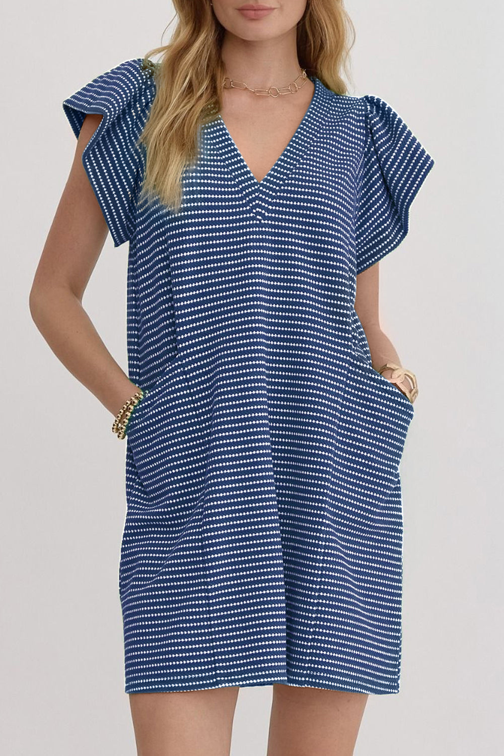 Blue Stripe Textured Knit V Neck Flutter Sleeve Shift Mini Dress 3ed79a1a8f19ed22