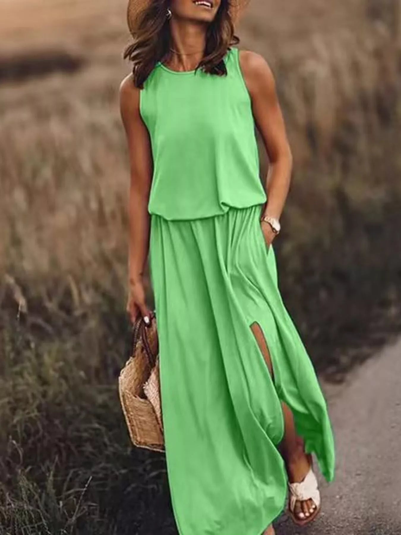 Full Size Round Neck Sleeveless Slit Maxi Dress Plus Size Grass Green 3ed7a5a93850492984ee486f0573484b-Max-Origin