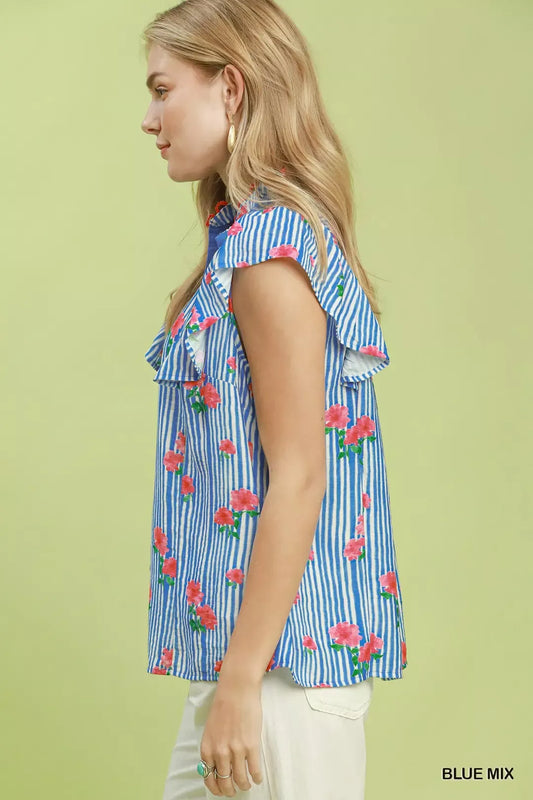 Striped Floral Ruffle Sleeve Top with Contrast Trim 3edd1675-4e12-4add-a053-7a1da6bac4cd-Max-Origin
