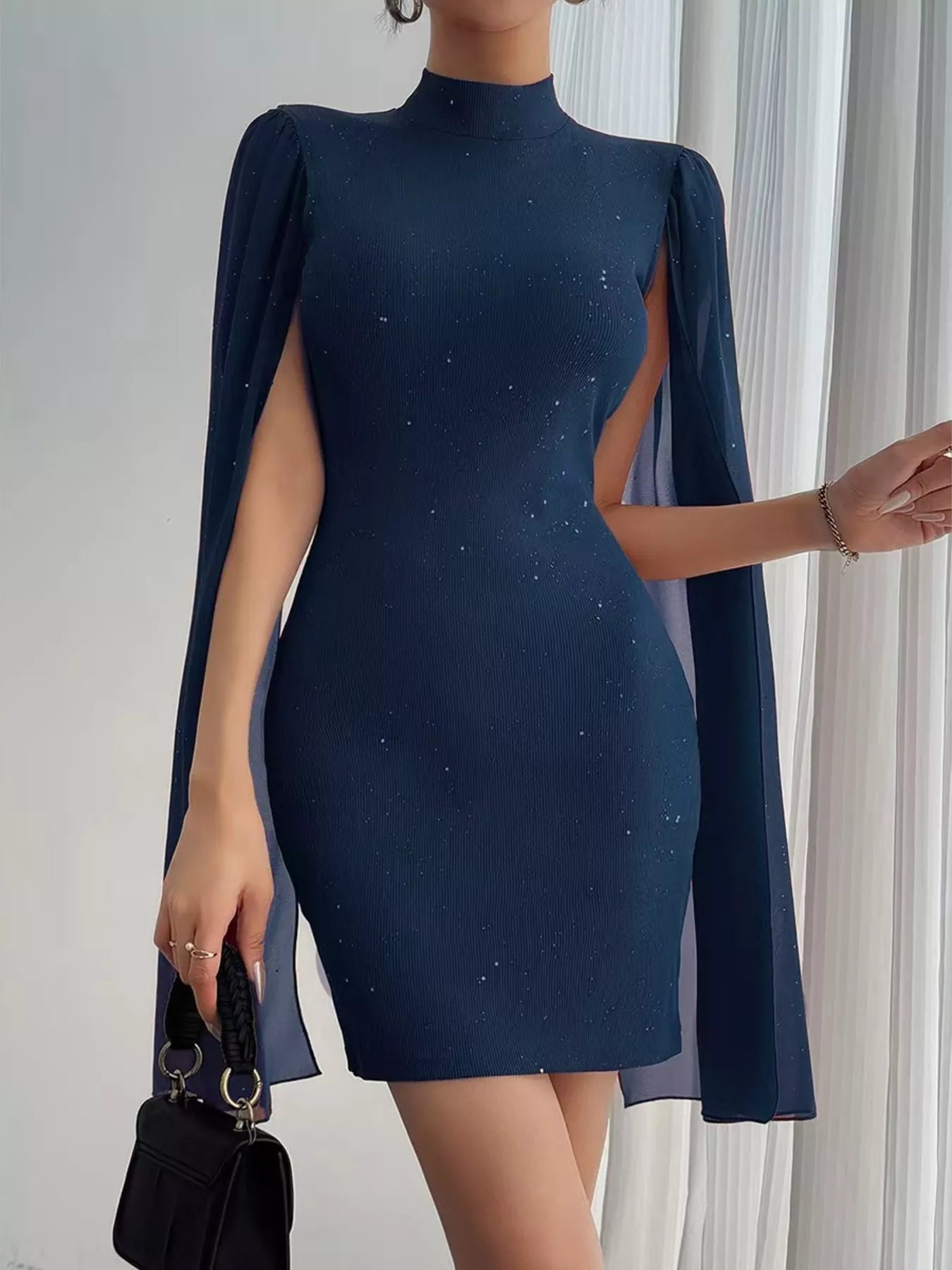 Glitter Cape Sleeve Mini Dress Dark Blue 3ee3646fb20c4a0aa86e59a587796690-Max-Origin