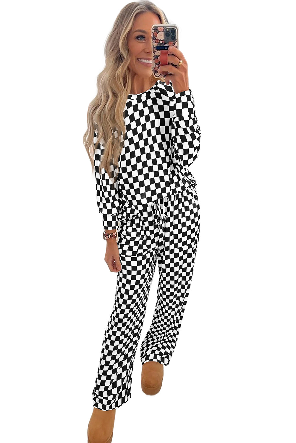 Beige Checkered Print Long Sleeve Loose Fit Pajama Set 3eee9fb524f5b7a0