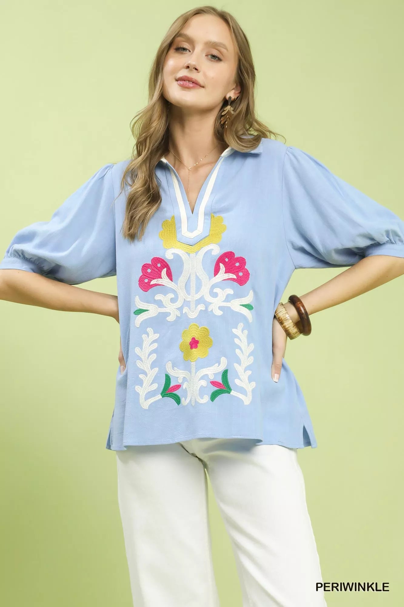 Umgee Mixed Media V-Neck Print Blouse PERIWINKLE 3ef4cae1-c6ba-421f-8882-60e4d070eb62-Max-Origin