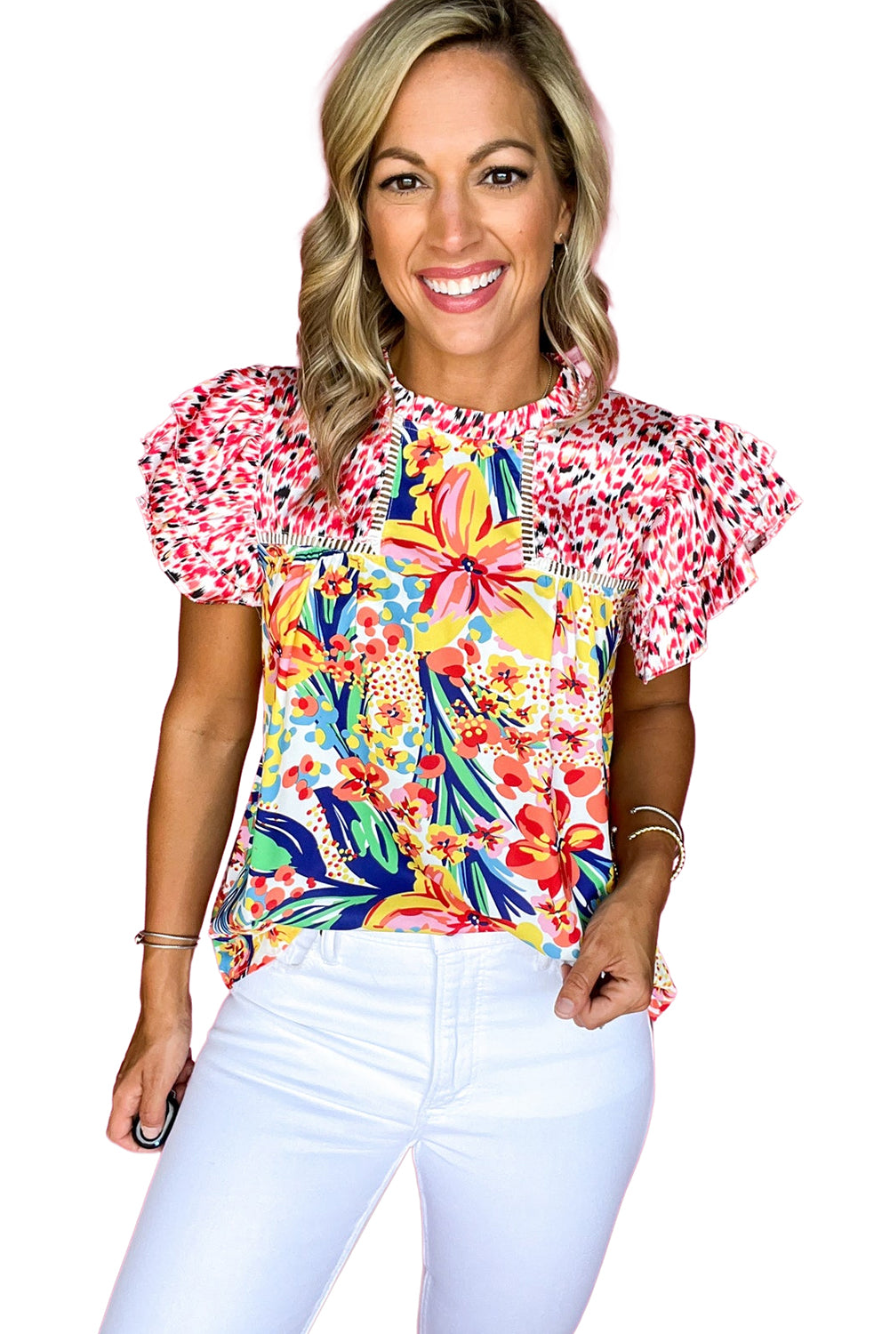 Red Floral Mixed Print Ruffle Cap Sleeve Blouse 3ef58b68e61a3738