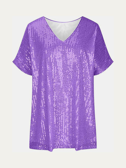 Full Size Sequin V-Neck Short Sleeve Top