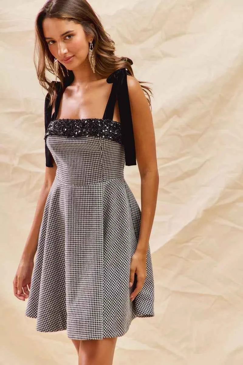 SO ME Houndstooth Fit Flare Mini Dress with Shoulder Tie 3efbe600f5424b848f859f3681ab95f5-Max-Origin