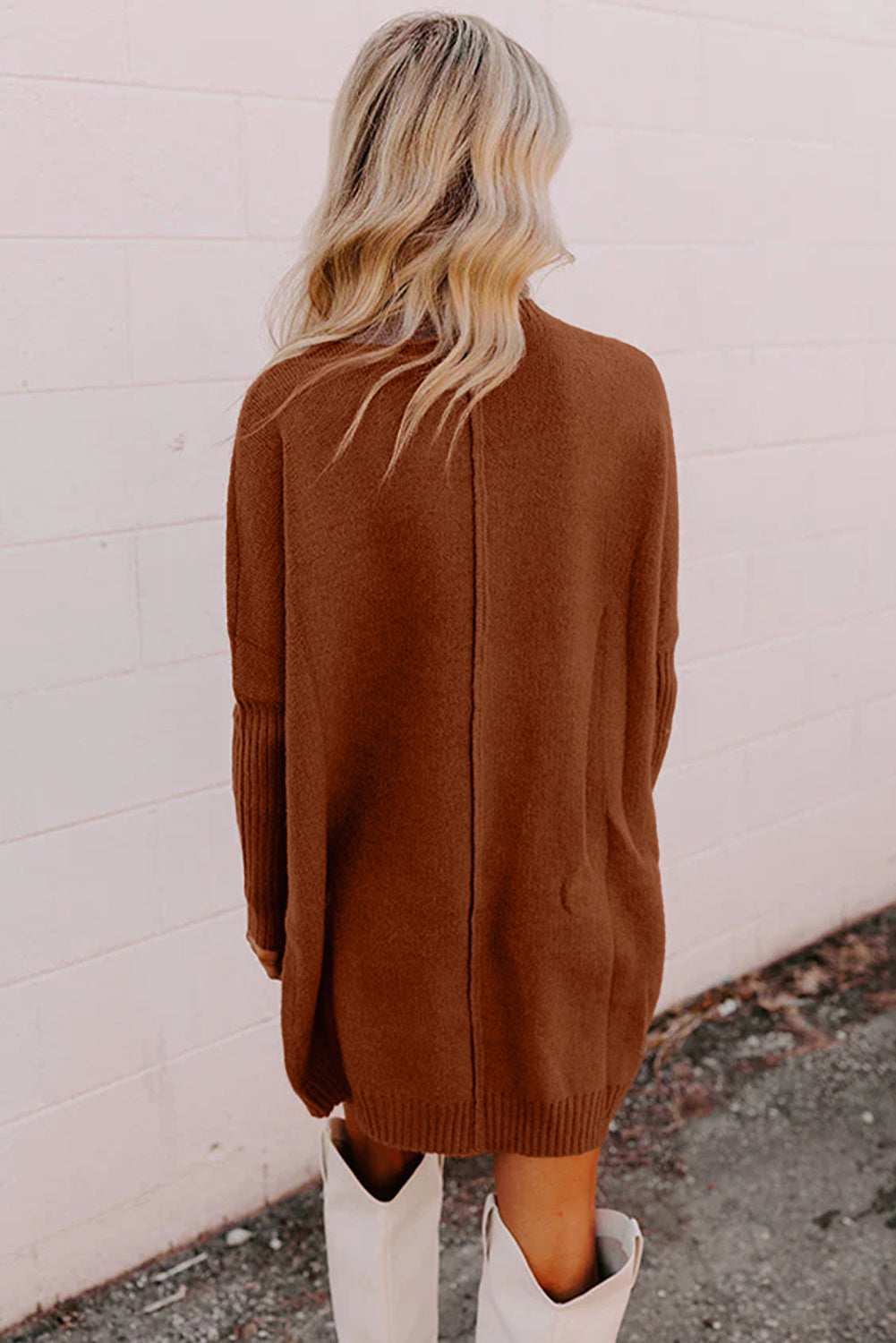 Chestnut Ribbed High Neck Front Pockets Center Seam Shift Sweater Dress 3efe227d41b7eb96
