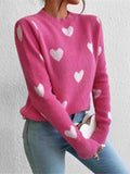 Heart Pattern Round Neck Sweater Hot Pink 3f03b681304445b2bd6ebbe0cc140b2d-Max-Origin